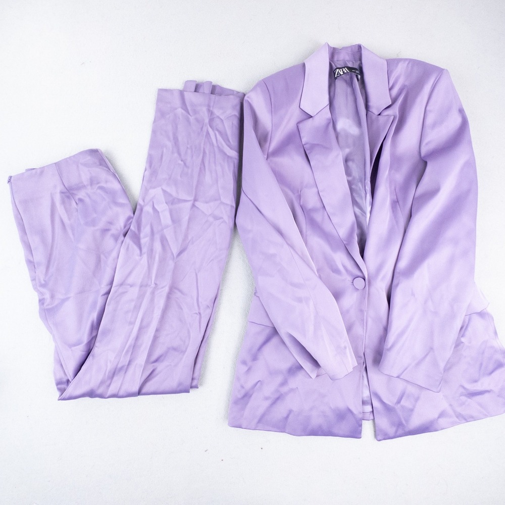 Zara Purple Satin Suit Blazer and Pants Set Size Small